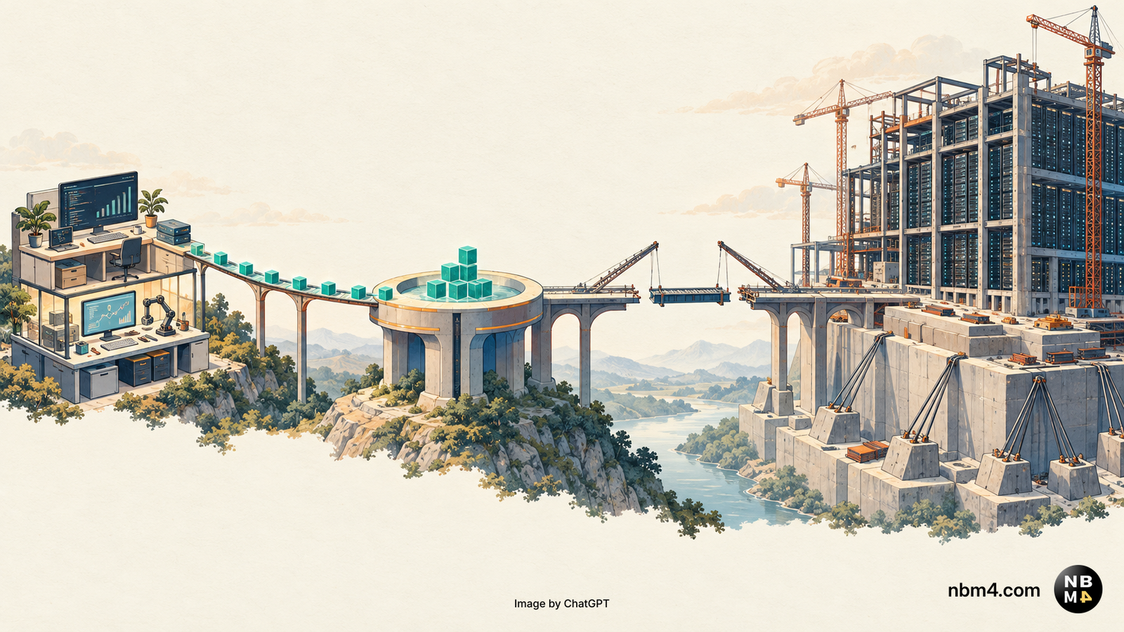 Featured editorial illustration: customer work feeds value toward a bridge under construction connecting to a much larger data-center investment.